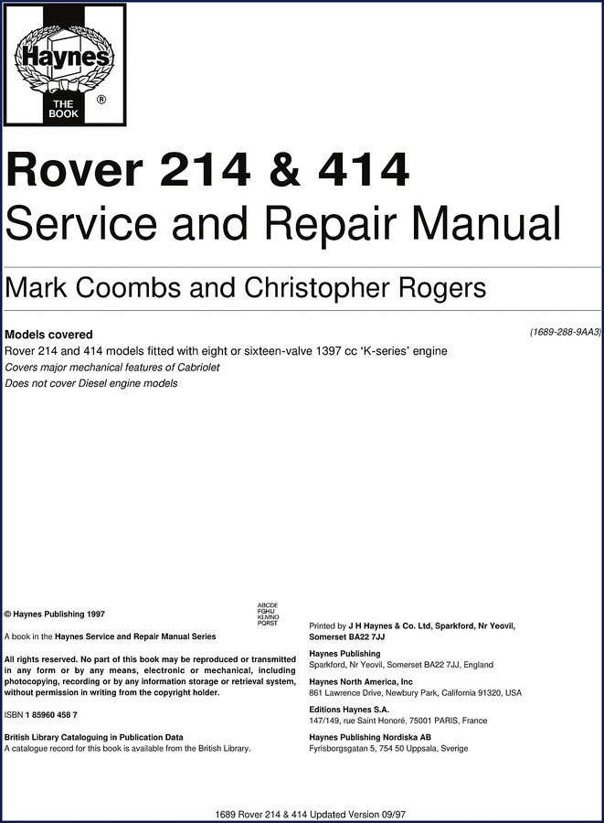 Rover 214 414 Haynes repair manual 1997 cover