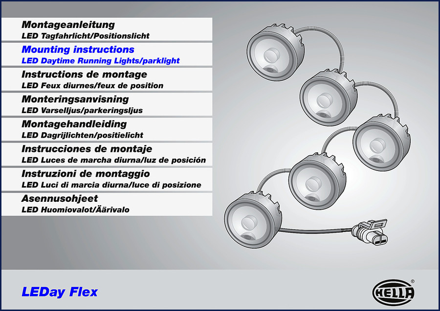 Hella LEDay Flex installation manual front cover - 48 page OEM document for daytime running lights and park light wiring