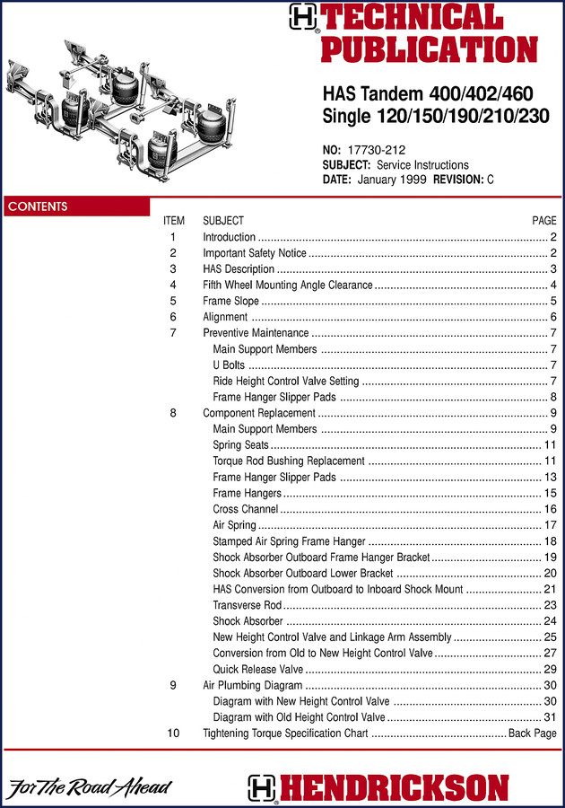 1999 Hendrickson HAS Tandem and HAS Single Service Manual cover showing suspension diagram