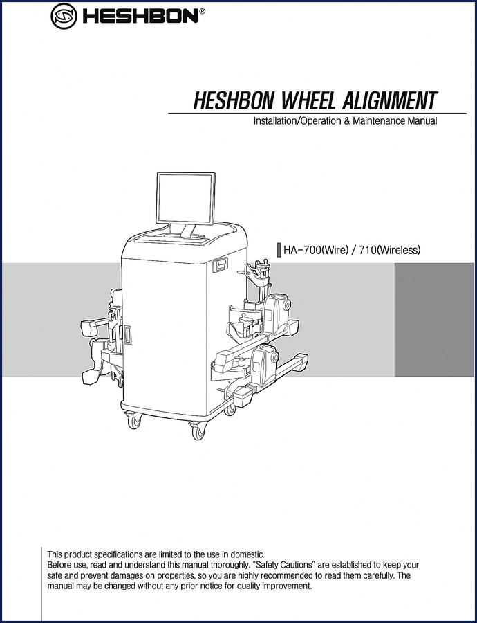 Heshbon HA-700, 710 2009 Installation Manual cover showing wheel alignment equipment