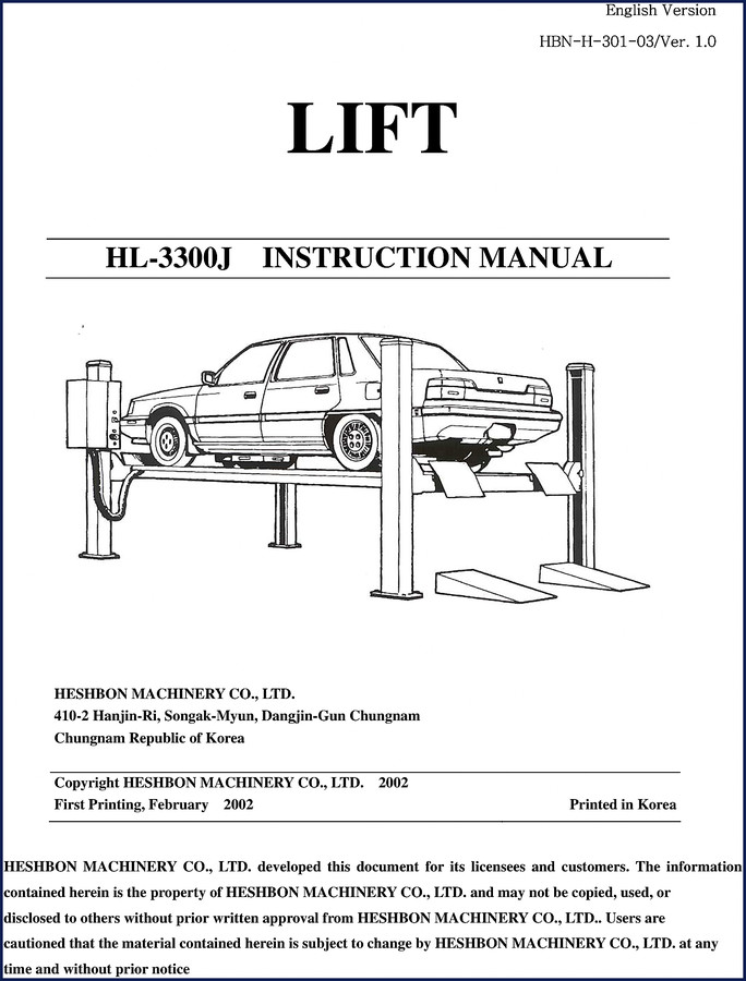 Heshbon Machinery HL-2500E, HL-26K, HL-31X, HL-3000N, HL-41G 2002 user manual cover