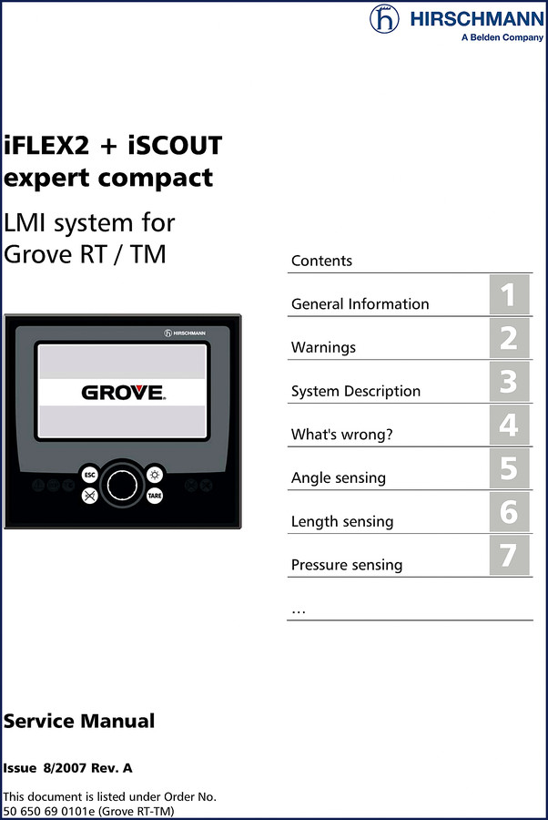 Hirschmann iFLEX2 iSCOUT 2007 Service Manual cover showing LMI system for Grove cranes