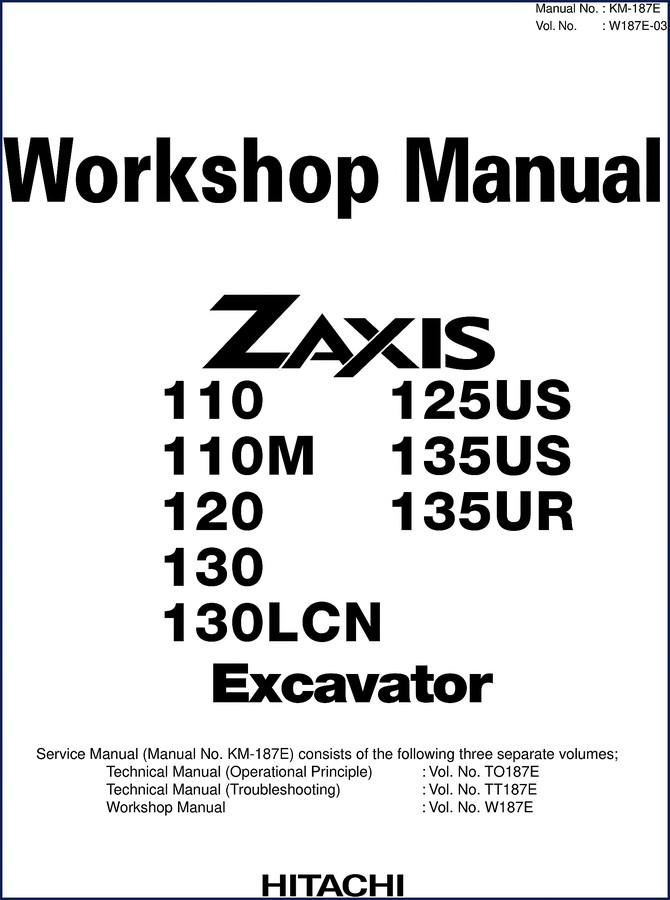 Fiat-hitachi 110 125US 110M 135US 120 Workshop Manual cover showing excavator and model numbers