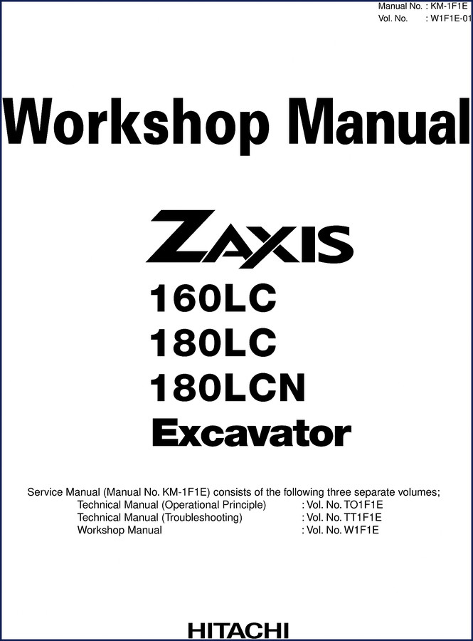 Hitachi ZAXIS 160LC Technical Manual cover page showing excavator model and manual number KM-1F1E