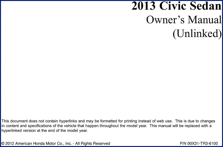 Honda Civic Sedan 2012 User Manual cover showing safety labels and instrument panel diagram