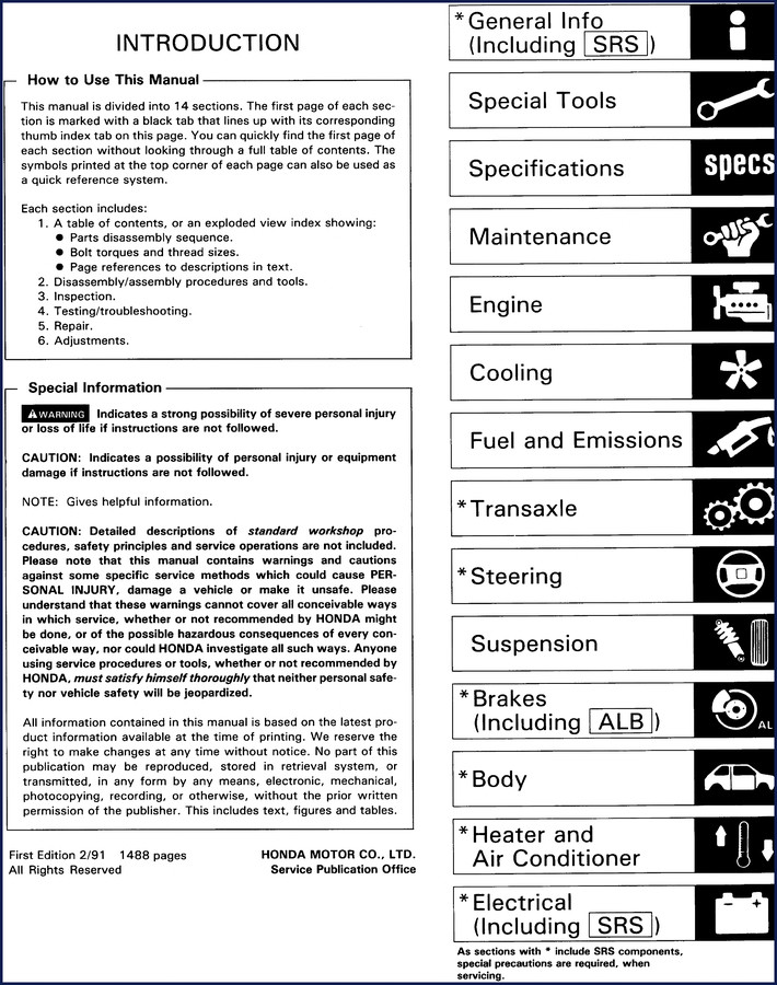 Honda LEGEND service manual front cover – factory OEM document with electrical and SRS sections