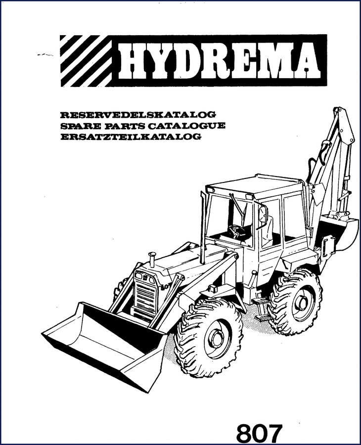 Hydrema 807 Spare Parts Catalogue cover showing machine illustration for engine and backhoe sections