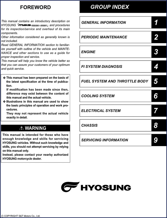 Hyosung MS3 125 MS3 250 Service Manual cover - 257 pages OEM factory document