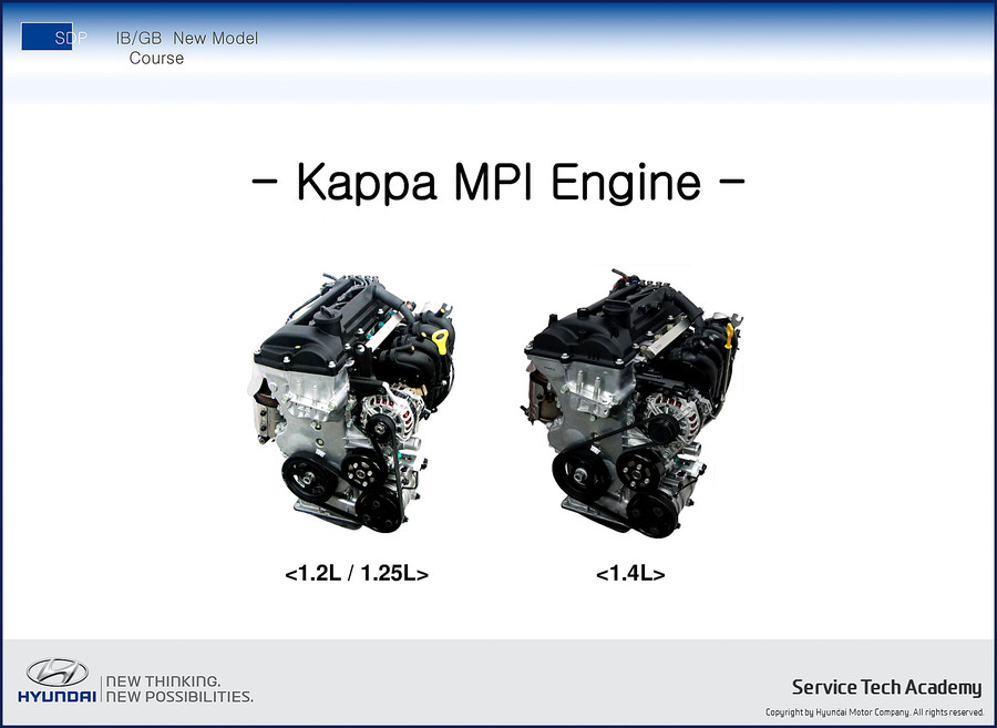 Hyundai Kappa MPI Engine Training Manual cover for 1.2L, 1.25L, 1.4L engines, factory document, 157 pages
