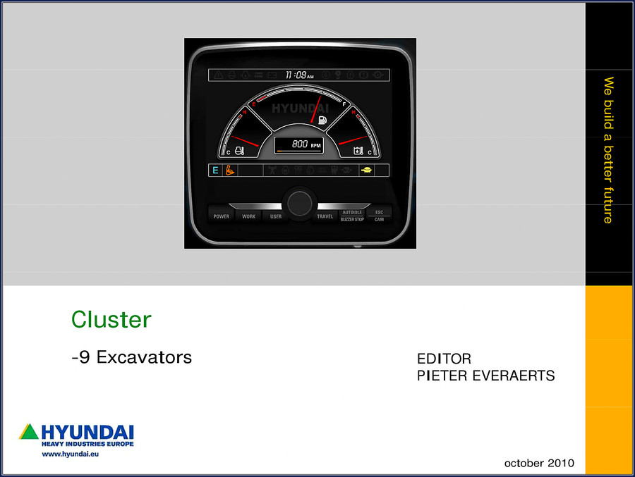 2010 Hyundai 9 Excavators Training Manual cover showing cluster display