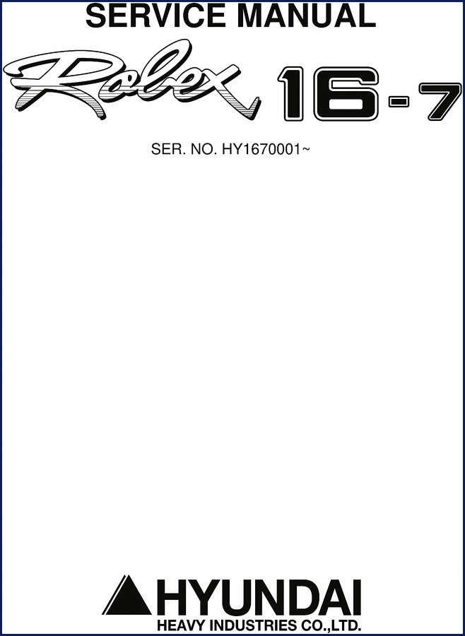 Front cover of the Hyundai Rolex 16-7 Service Manual showing excavator diagram and Hyundai logo