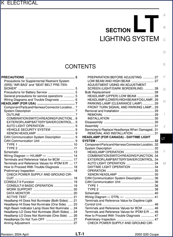 Infinity G35 Coupe 2003 service manual cover showing lighting system section