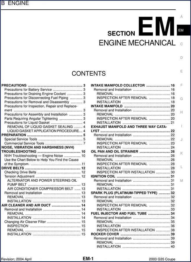2003 Infinity G35 Service Manual cover showing OEM engine mechanical section