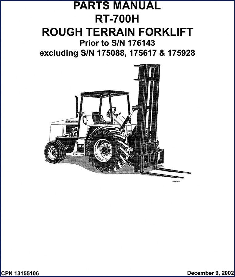 2002 Ingersoll Rand RT-700H Parts Catalog cover showing rough terrain forklift