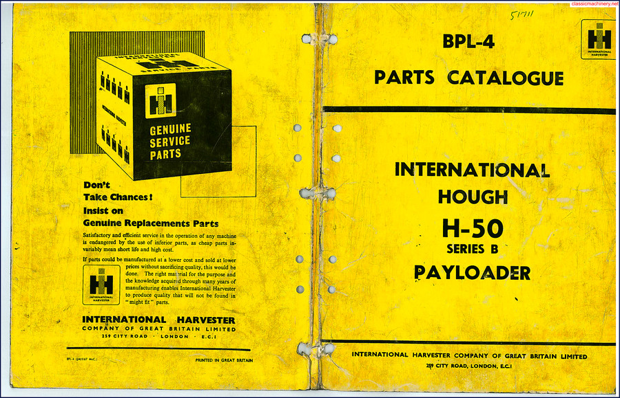 International Hough H-50 Series B Payloader Parts Catalog cover page showing model and OEM markings