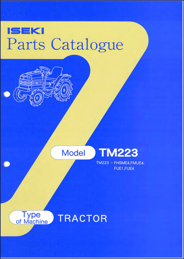 Iseki TM223 parts catalog cover showing tractor and model variants FHSME4, FMUE4, FUE1, FUE4