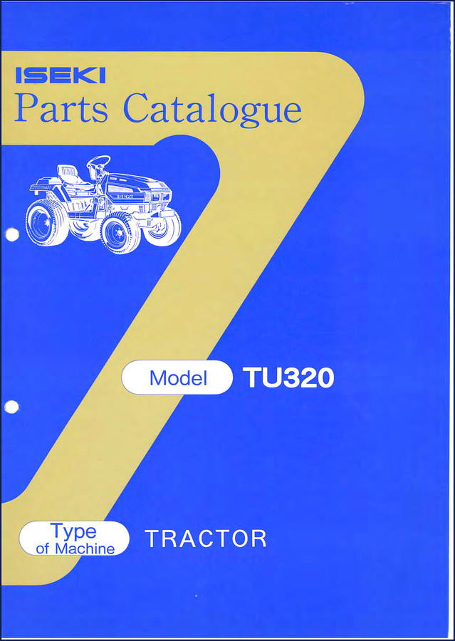 Iseki TU320 tractor parts catalog cover showing model designation and factory numbering