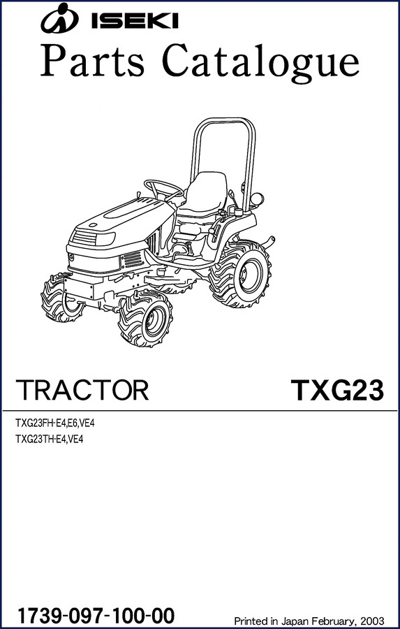 Iseki TXG23 Parts Catalog 2003 cover showing tractor diagram and model listings