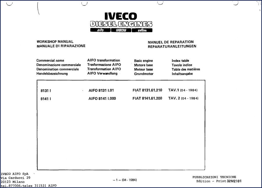 Iveco 8131 I 8141 I 1984 Workshop Manual cover – factory OEM repair manual for diesel engines
