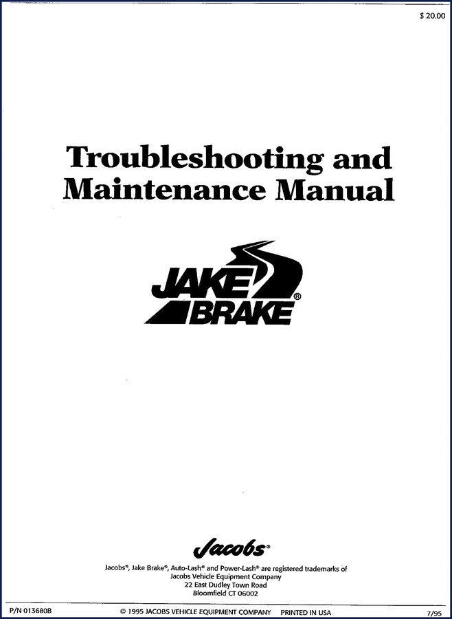 Jacobs 317E, 317F, 336A 1995 Troubleshooting Manual cover showing Jake Brake logo and part number 013680B