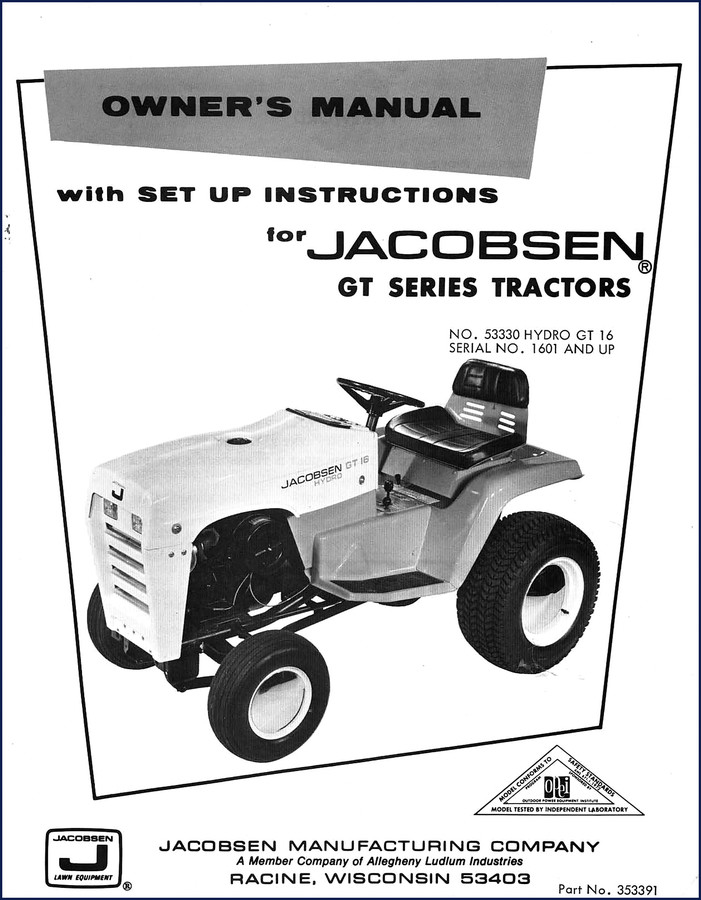 Jacobsen GT 16 HYDRO Operators Manual cover - 20 page factory document