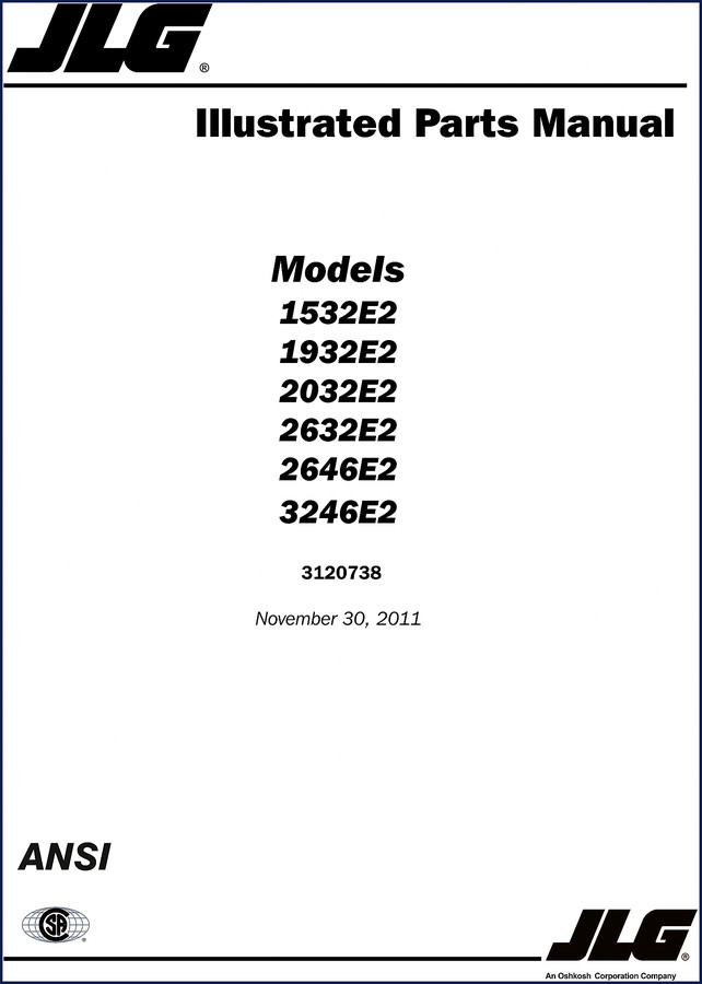 JLG 1532E2 to 2646E2 2011 parts catalog cover showing model number and factory logo
