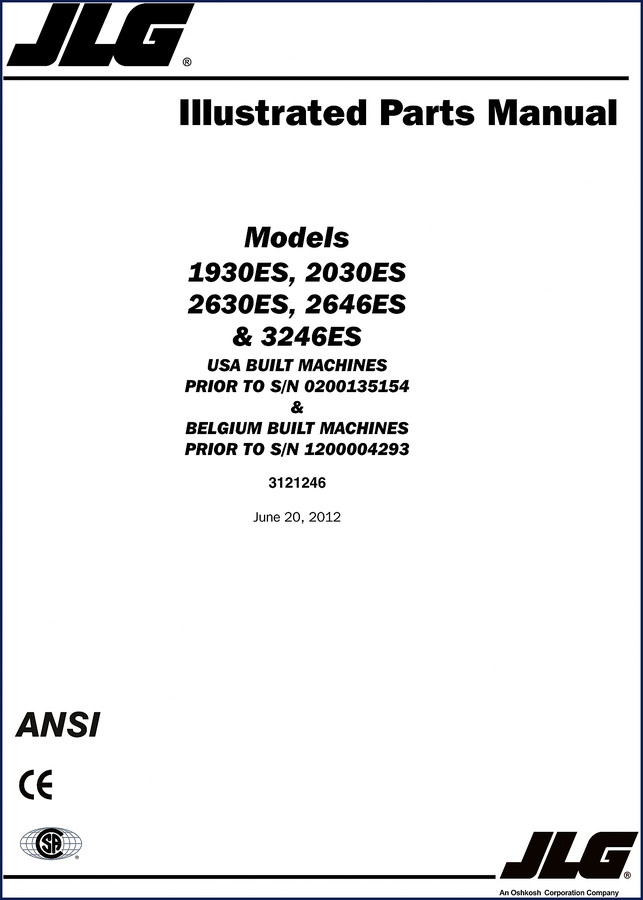 JLG 1930ES 2030ES 2630ES 2646ES 3246ES 2012 Parts Catalog cover – factory OEM illustrated parts manual
