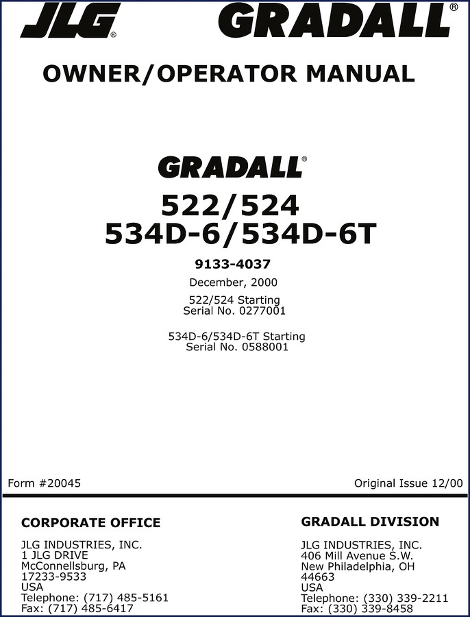 JLG 534D-6, 534D-6T, 522, 524 2000 Operators Manual cover page showing safety decals and model numbers