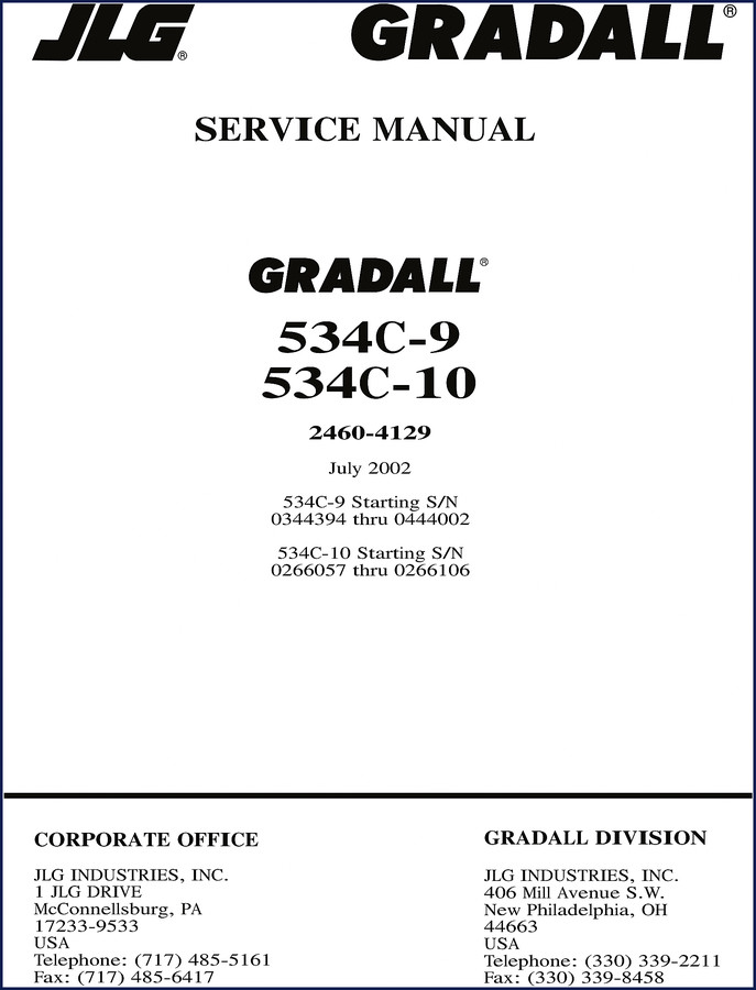 JLG 534C-9 and 534C-10 service manual 2002 factory OEM document 258 pages