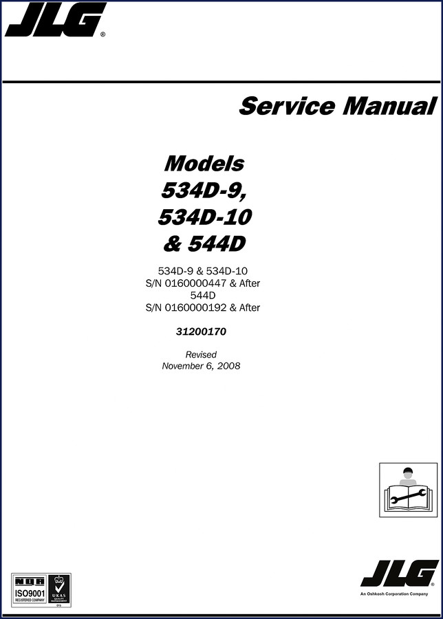 JLG 534D-9 2008 Service Manual cover showing telehandler