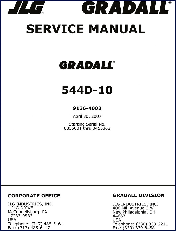 JLG 544D-10 2007 Service Manual cover with Gradall logo and model number