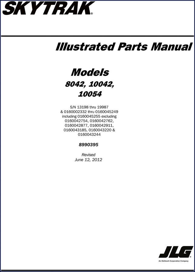 JLG 8042, 10042, 10054 2012 Parts Catalog – factory OEM Skytrak parts manual cover