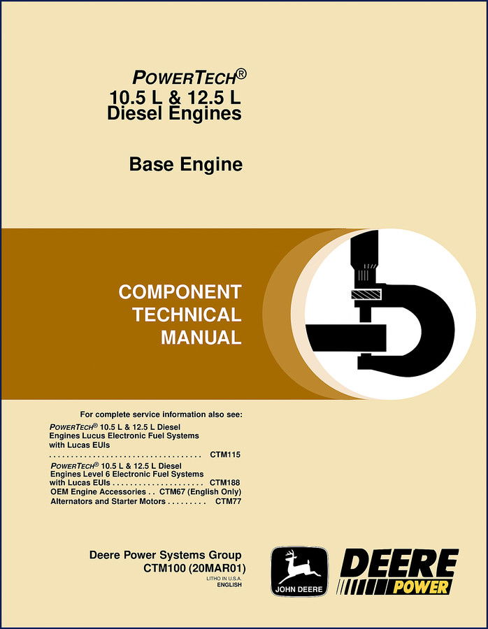 John Deere 10.5L 12.5L 2001 technical manual cover showing POWERTECH diesel engine cutaway view