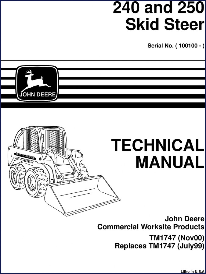 John Deere 240 and 250 Skid Steer Technical Manual cover - 2000 model, OEM factory manual