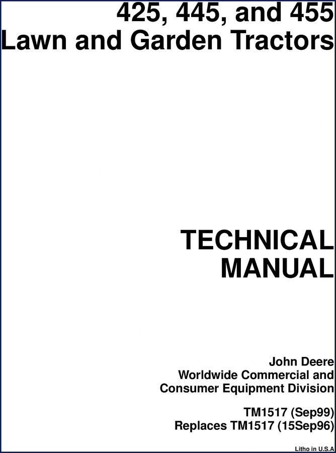 John Deere 425, 445, 455 1999 Technical Manual cover with lawn tractor illustrations