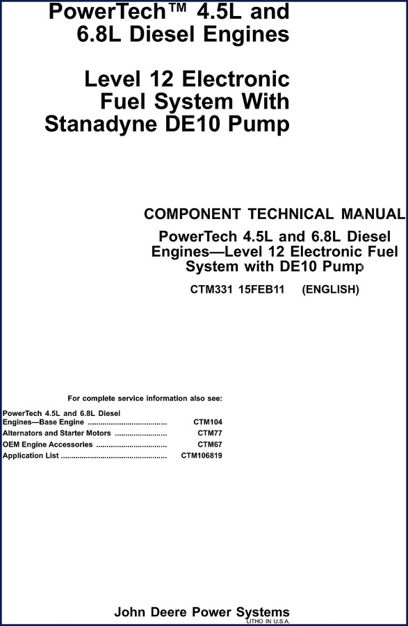 John Deere Power Systems 4.5L and 6.8L Diesel Engines Component Technical Manual cover