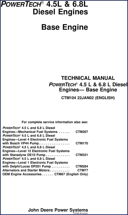 2002 John Deere Powertech 4.5L and 6.8L Technical Manual cover – 552-page base engine factory manual