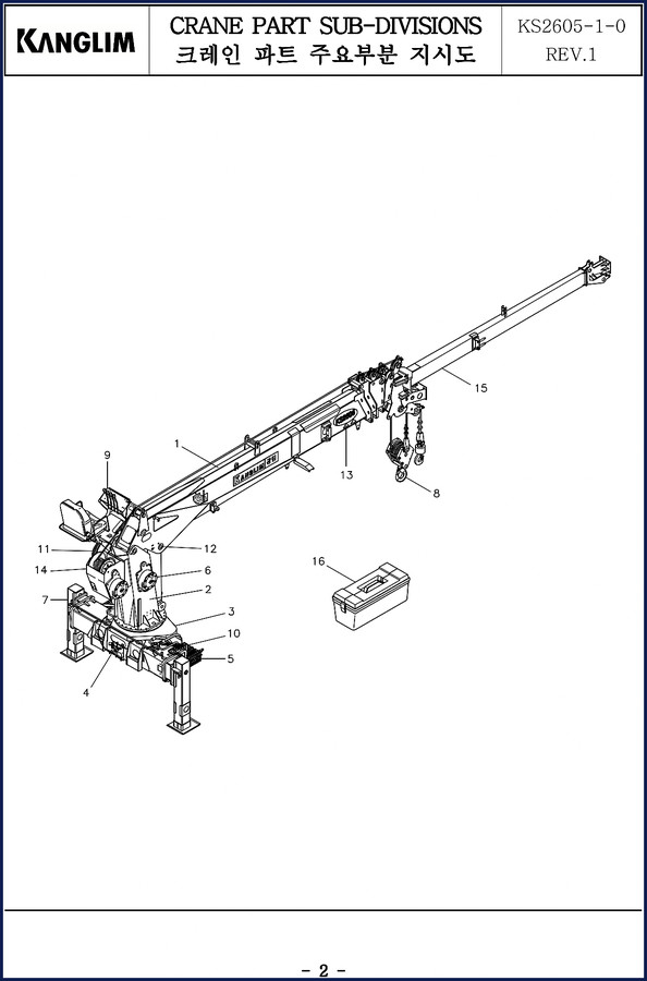 Kanglim KS2605 crane parts catalog cover showing boom and cylinder assemblies