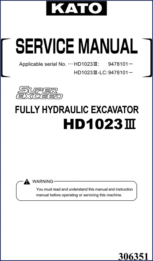 Kato HD1023III Parts Catalog - 309-page OEM factory parts list for the fully hydraulic excavator