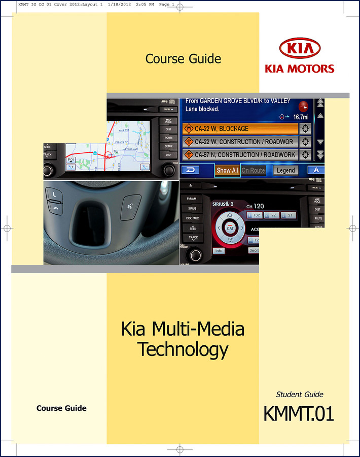 Kia KMMT.01 2012 Training Manual cover showing multimedia infotainment system interface