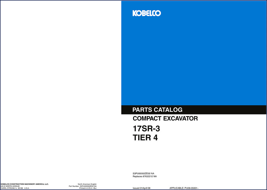 Kobelco 17SR-3 Tier 4 Compact Excavator Parts Catalog 2008 cover