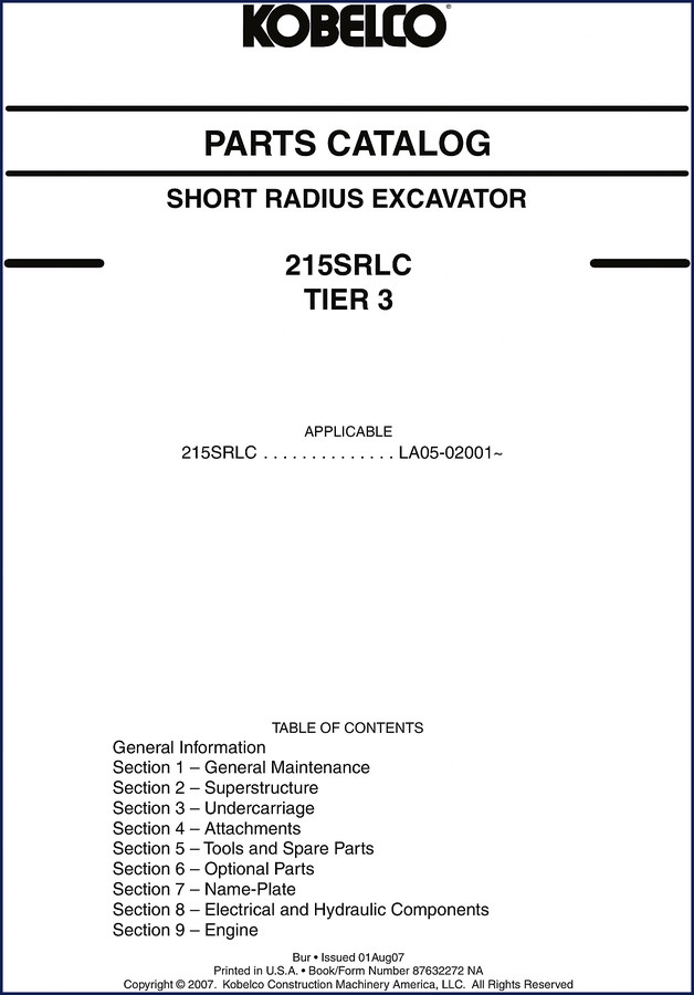 FIAT Kobelco 215SRLC 2007 Parts Catalog cover page showing excavator and title