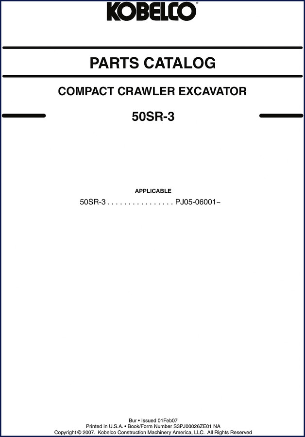 2007 FIAT Kobelco 50SR-3 Parts Catalog cover showing compact crawler excavator and manual title
