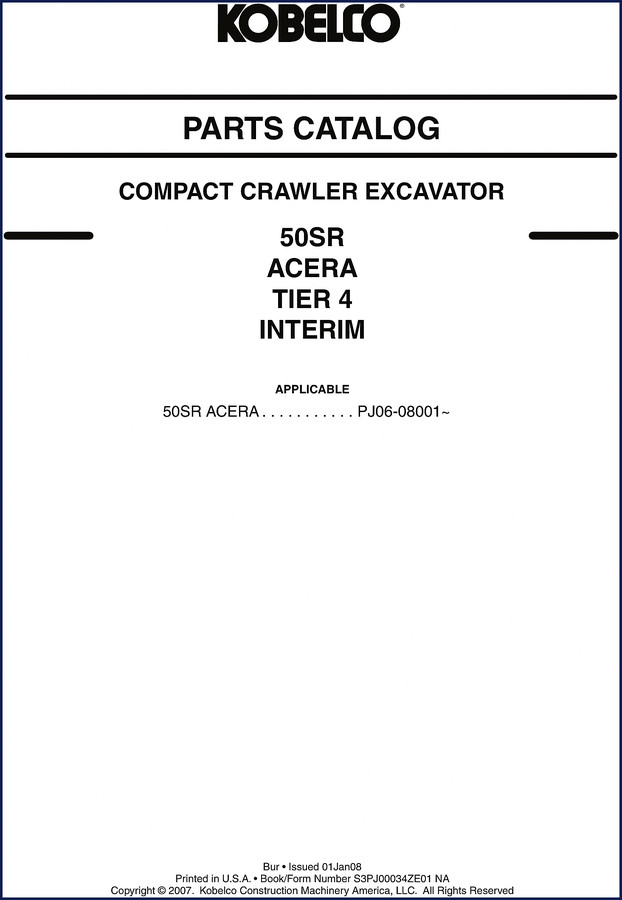 FIAT Kobelco 50SR 2008 Parts Catalog cover showing compact crawler excavator