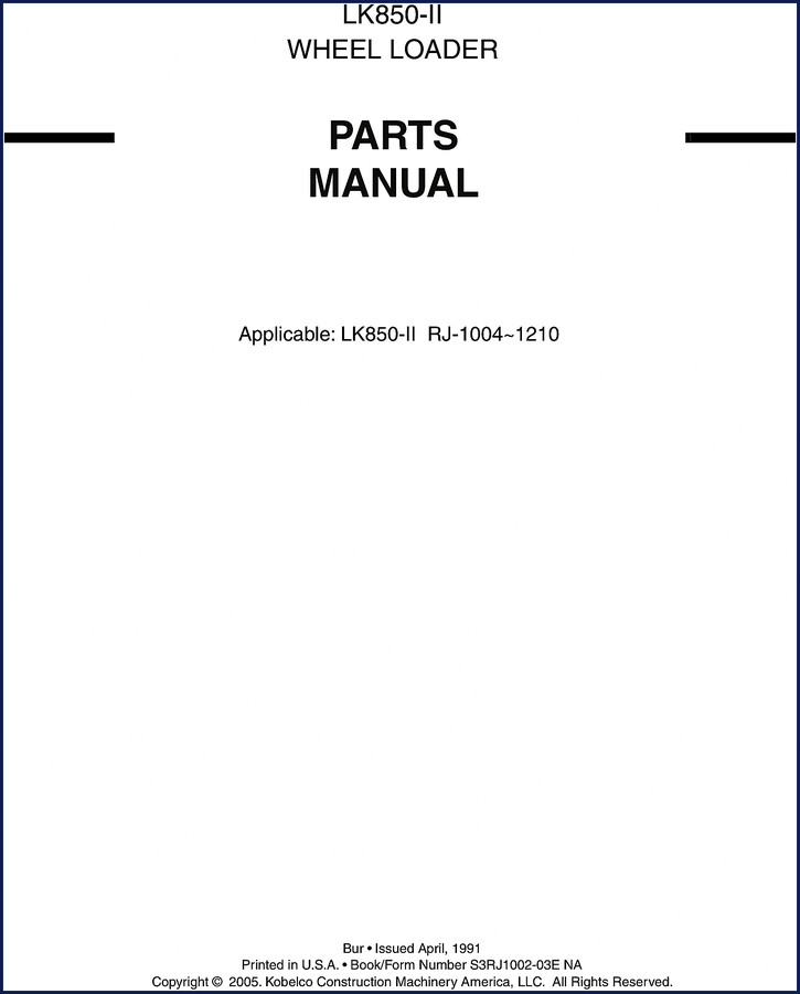 FIAT Kobelco LK850-II 1991 Parts Catalog cover - OEM manual