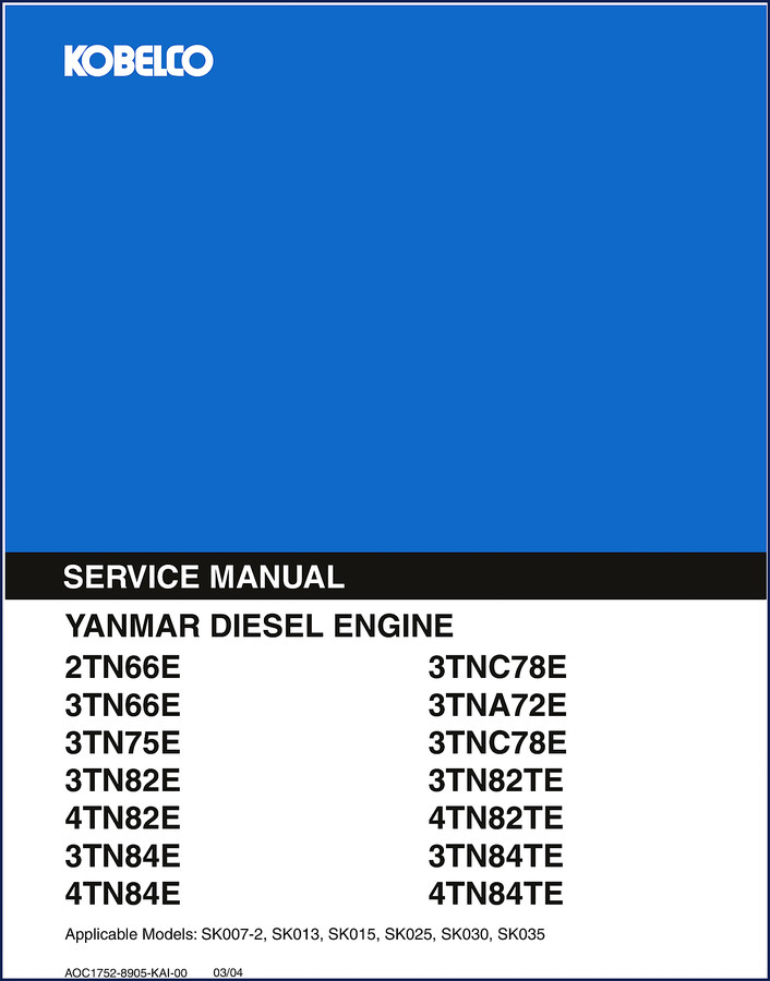 FIAT Kobelco SK007-2 2004 Service Manual cover page showing models and engine types