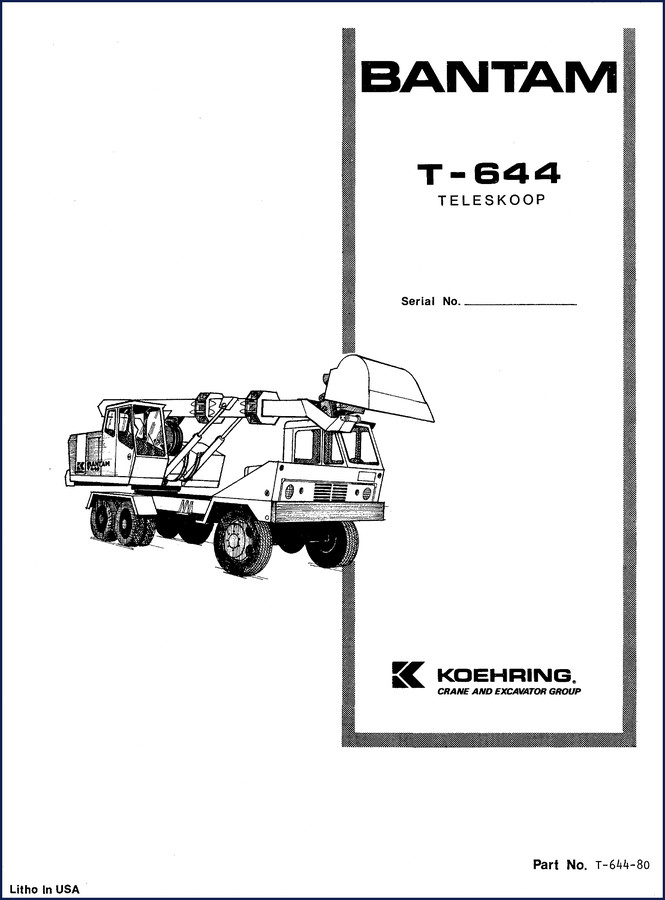 1974 Koehring T-S44 and 644 Parts Catalog cover page showing Bantam Teleskoop serial number line
