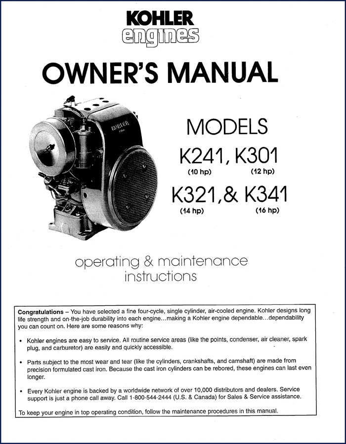 Kohler K241 K301 K321 K341 engine user manual cover 17 pages OEM