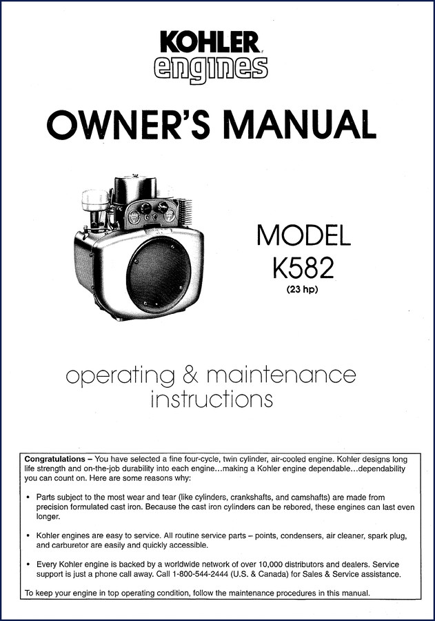 Kohler K582 23 HP Engine User Manual – factory OEM document showing front cover with model number and safety decals