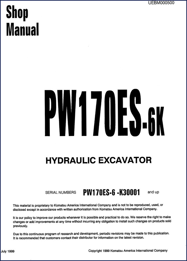 Komatsu 70ES-6 1999 service manual cover showing hydraulic excavator
